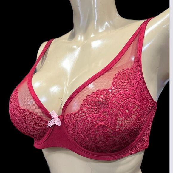 Victorias Secret Body Unlined Demi Crochet Lace / mesh detail bra Ruby Red 32DDD - Picture 1 of 7